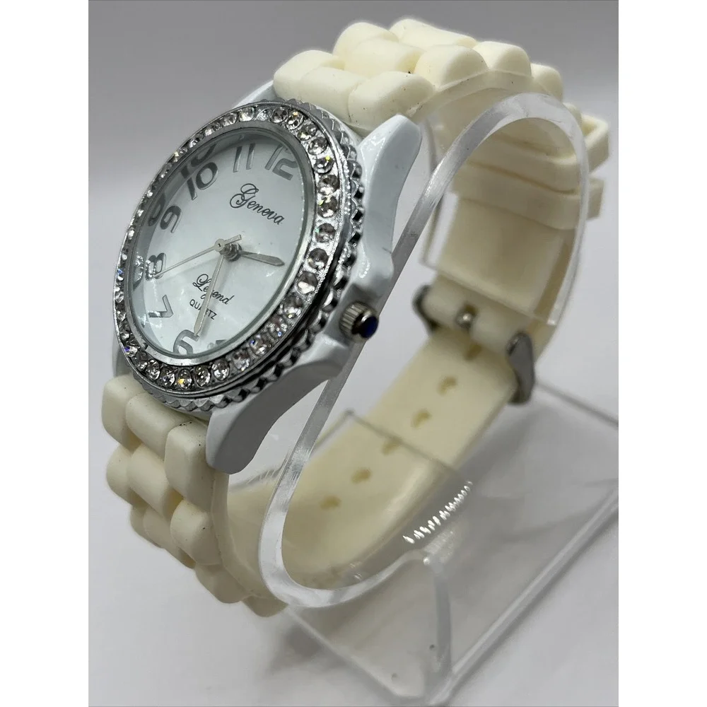 Geneva Legend‎ Women's Watch Rhinestone Bezel White Silicone Band- New Battery